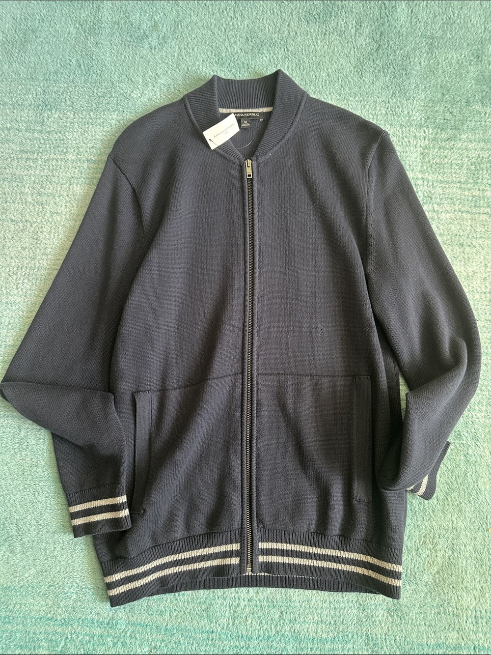 Men's Navy Zip-Front Bomber Jacket with Stripe Trim